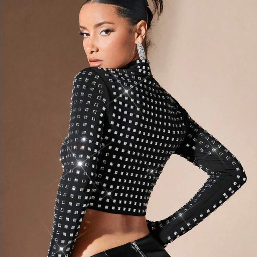 Mock Neck Rhinestone Crop Tee - Picture 2 of 5